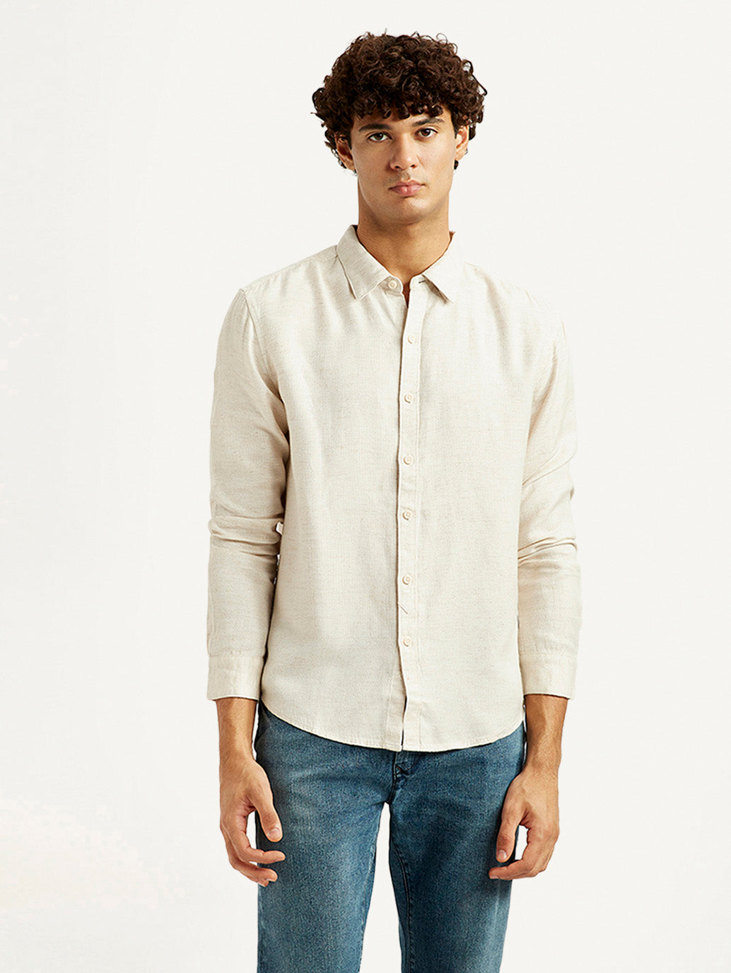 Men's Redloop Solid Beige Slim Fit Shirt - Front View