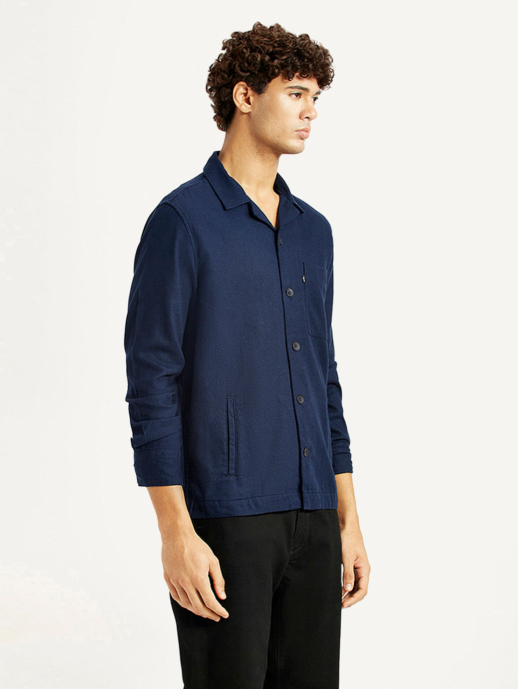 Men's Redloop Solid Navy Relaxed Fit Camp Shirt - Side View