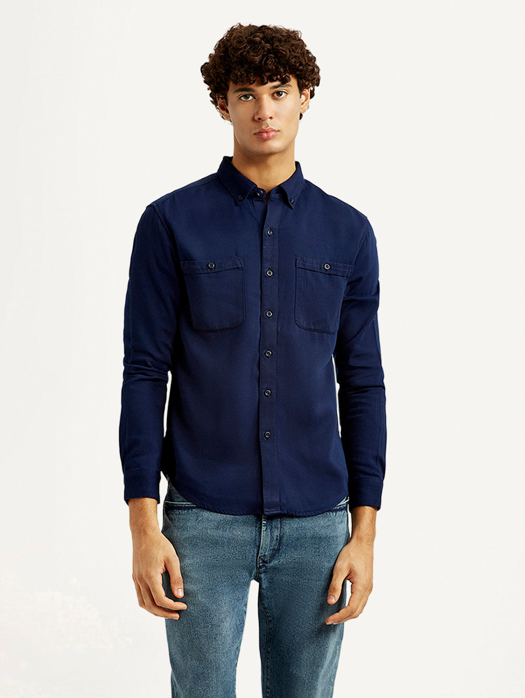 Men's Redloop Solid Navy Slim Fit Shirt - Front View