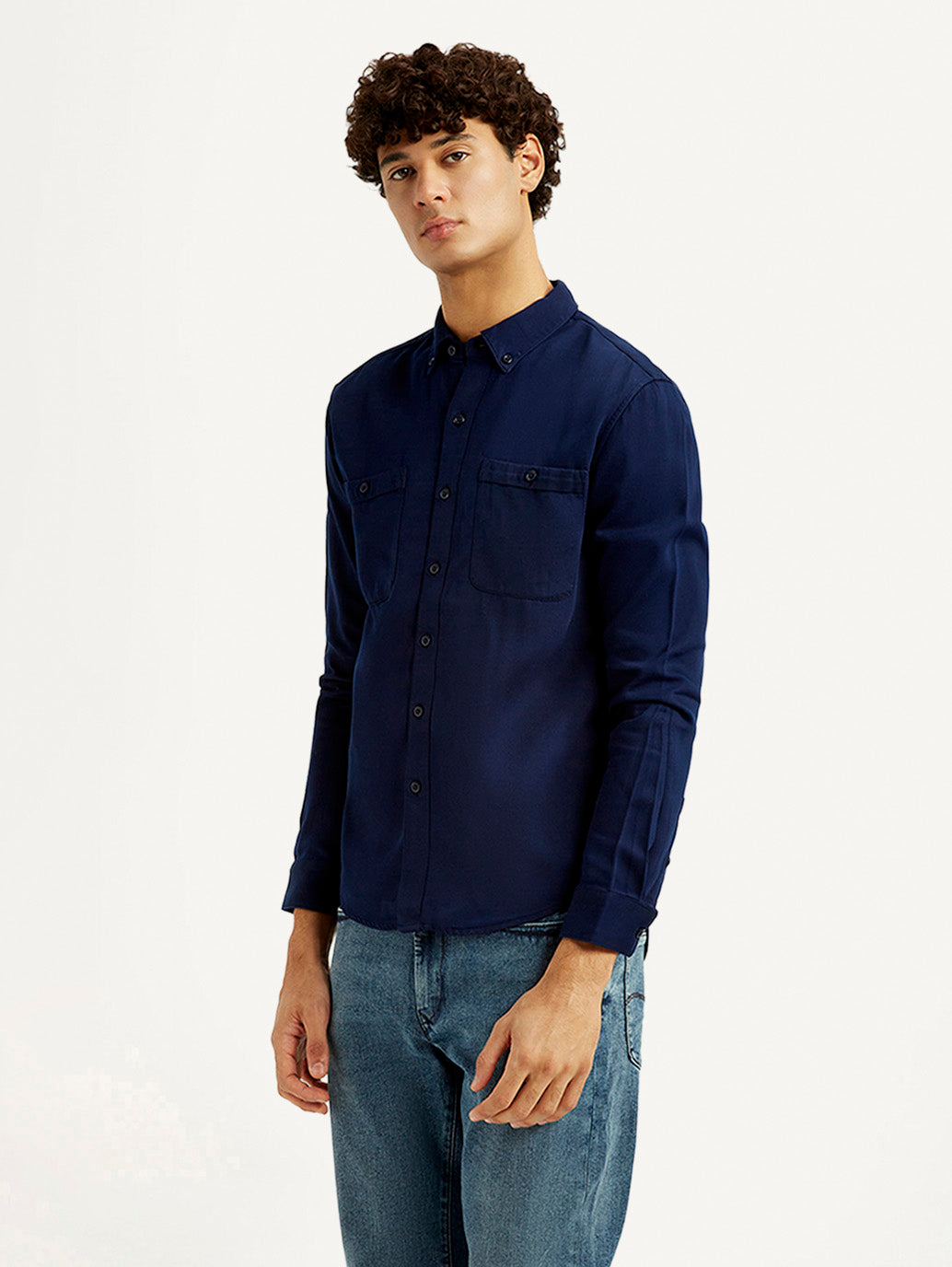 Men's Redloop Solid Navy Slim Fit Shirt - Side View