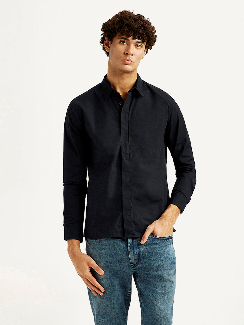 Men's Redloop Solid Black Slim Fit Shirt - Styleshot View