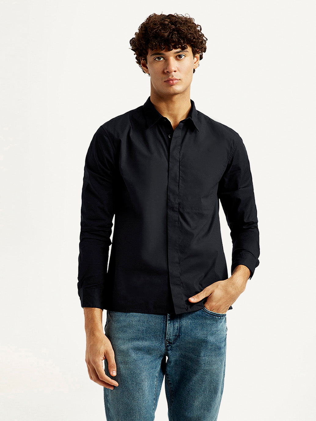 Men's Redloop Solid Black Slim Fit Shirt - Front View