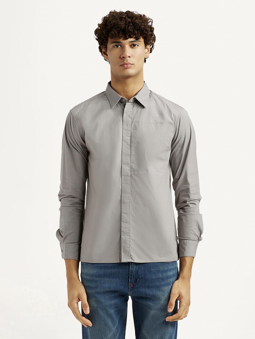 Men's Redloop Solid Grey Slim Fit Shirt - Front View