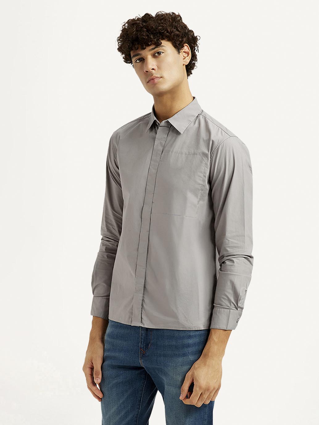 Men's Redloop Solid Grey Slim Fit Shirt - Side View