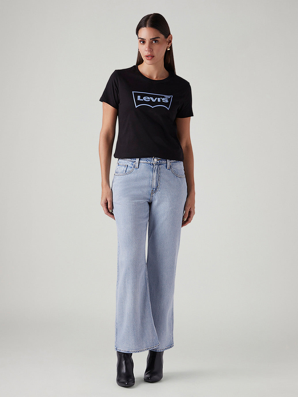 Women's Light Blue Loose Bootcut Fit Mid Rise Jeans - Front View
