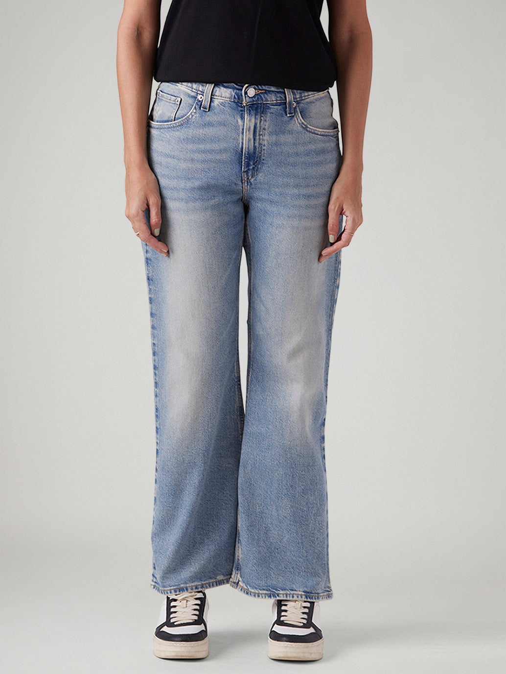 Women's Light Blue Loose Bootcut Fit Mid Rise Jeans - Front View