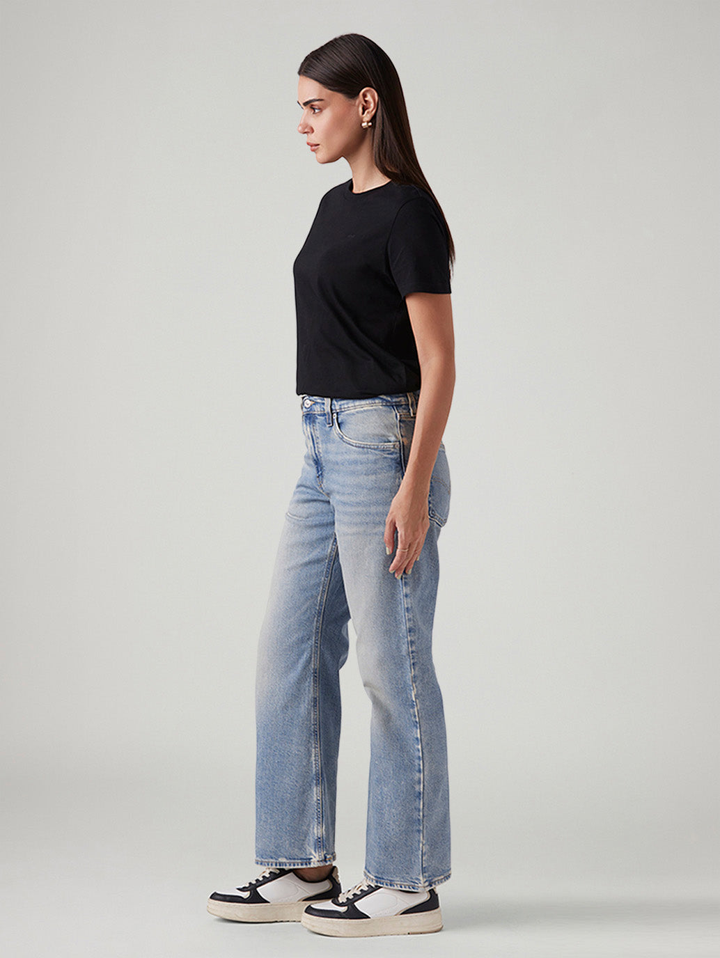 Women's Light Blue Loose Bootcut Fit Mid Rise Jeans - Side View