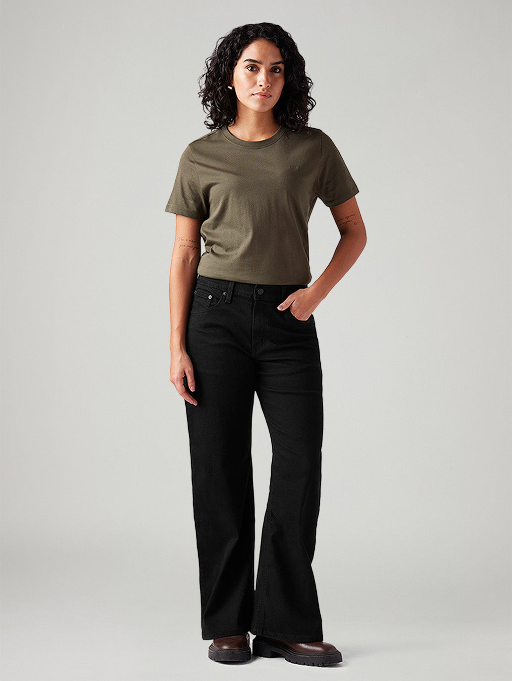 Women's Black Loose Bootcut Fit Mid Rise Jeans - Front View