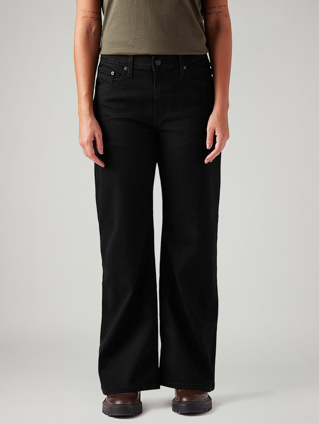 Women's Black Loose Bootcut Fit Mid Rise Jeans - Front View