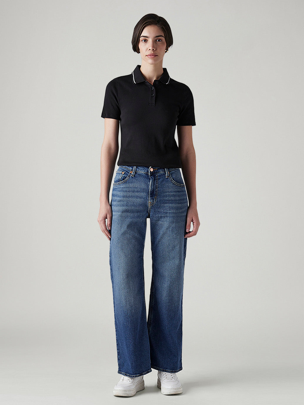 Women's Blue Loose Bootcut Fit Mid Rise Jeans - Front View