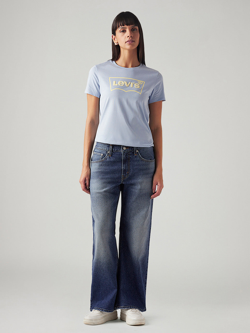 Women's Med Indigo Loose Bootcut Fit Mid Rise Jeans - Front View