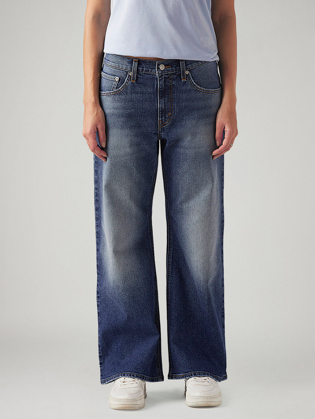 Women's Med Indigo Loose Bootcut Fit Mid Rise Jeans - Front View