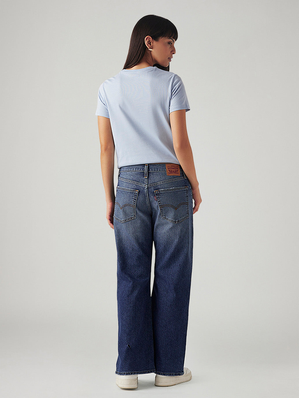Women's Med Indigo Loose Bootcut Fit Mid Rise Jeans - Back View