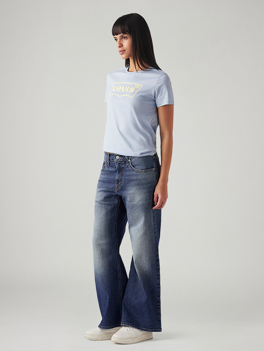 Women's Med Indigo Loose Bootcut Fit Mid Rise Jeans - Side View