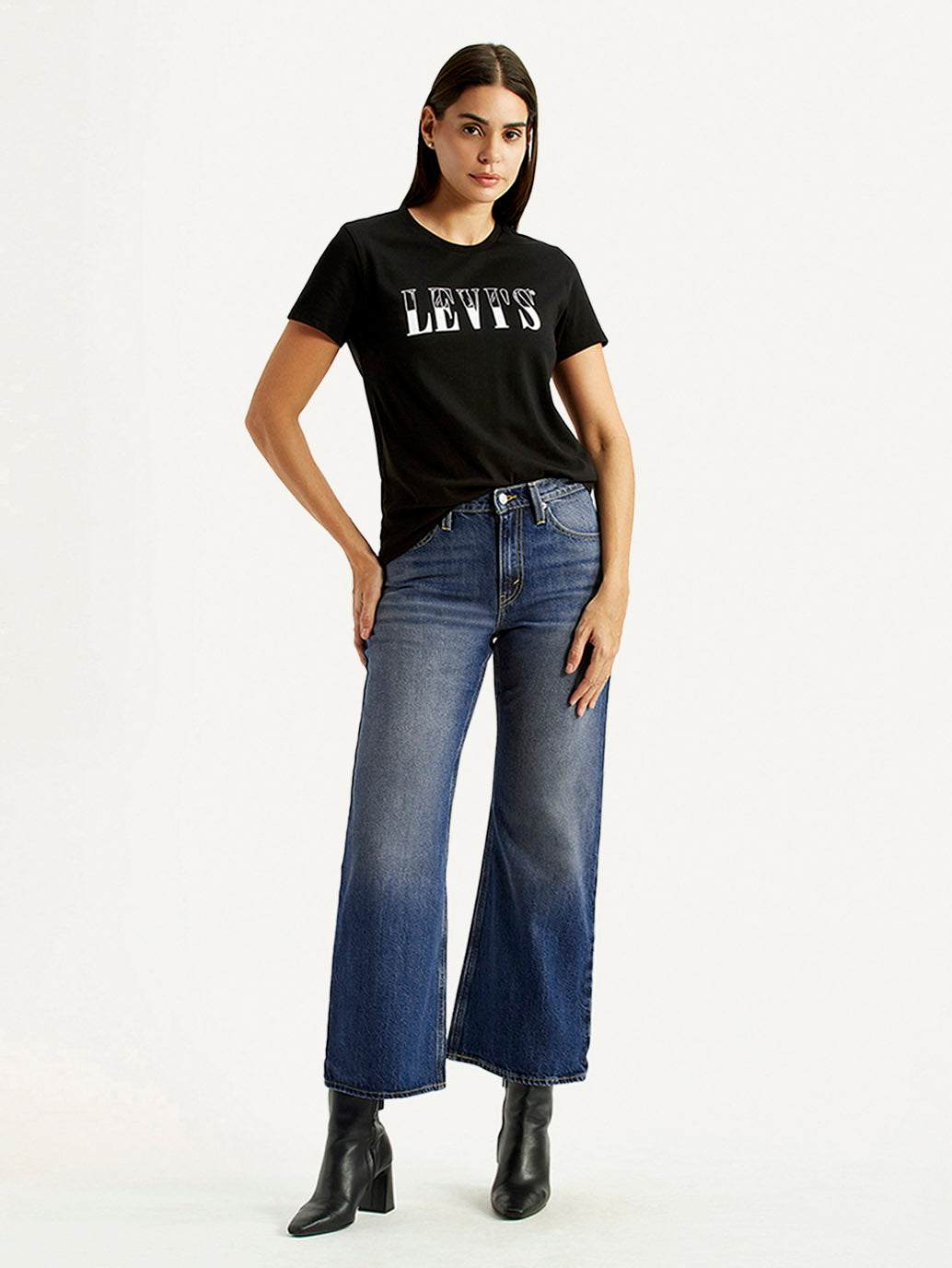 Women's Tinted Blue Loose Bootcut Fit Mid Rise Jeans - Styleshot View