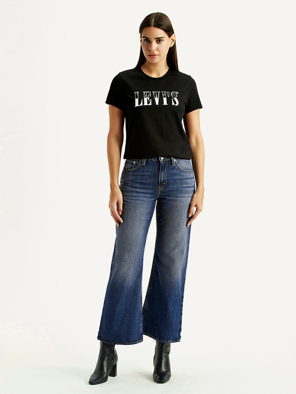 Women's Tinted Blue Loose Bootcut Fit Mid Rise Jeans - Front View