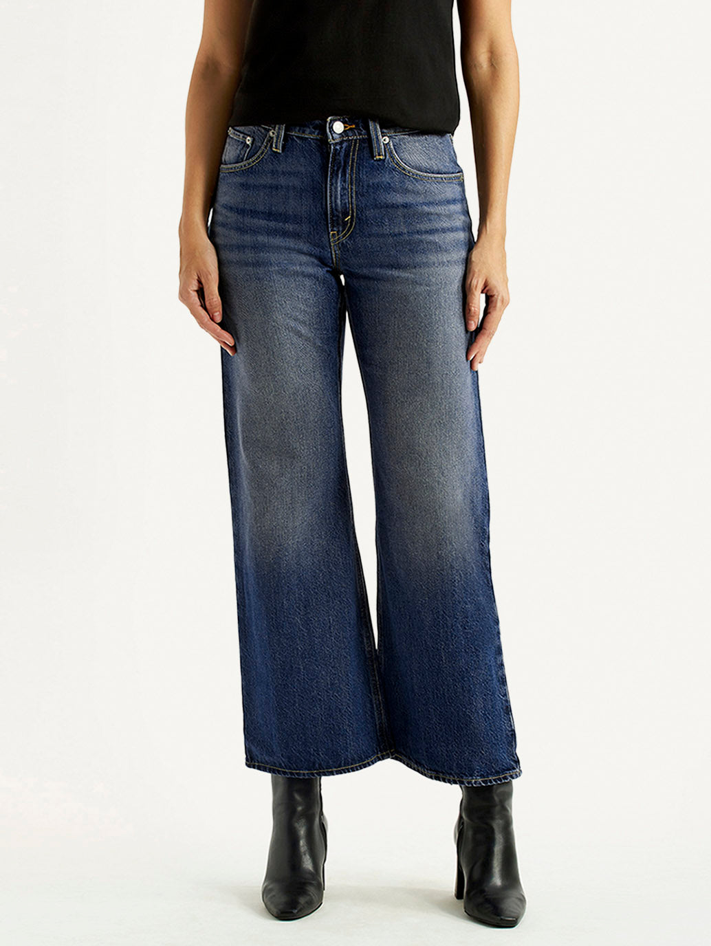 Women's Tinted Blue Loose Bootcut Fit Mid Rise Jeans - Front View