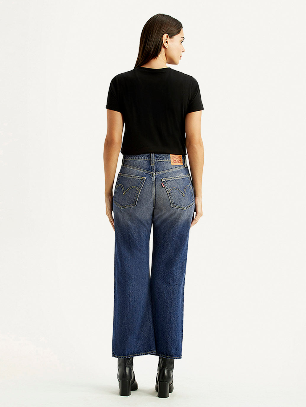 Women's Tinted Blue Loose Bootcut Fit Mid Rise Jeans - Back View