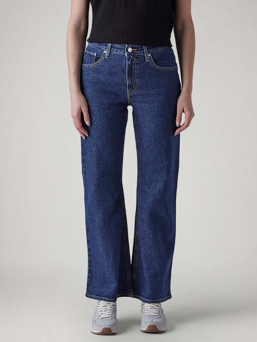 Women's Med Indigo Loose Bootcut Fit Mid Rise Jeans - Front View