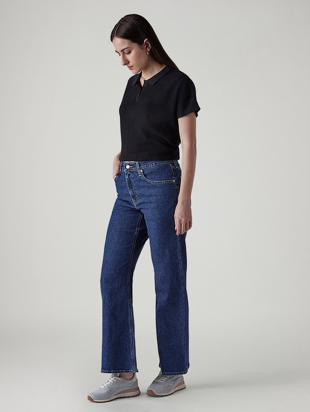 Women's Med Indigo Loose Bootcut Fit Mid Rise Jeans - 20 View