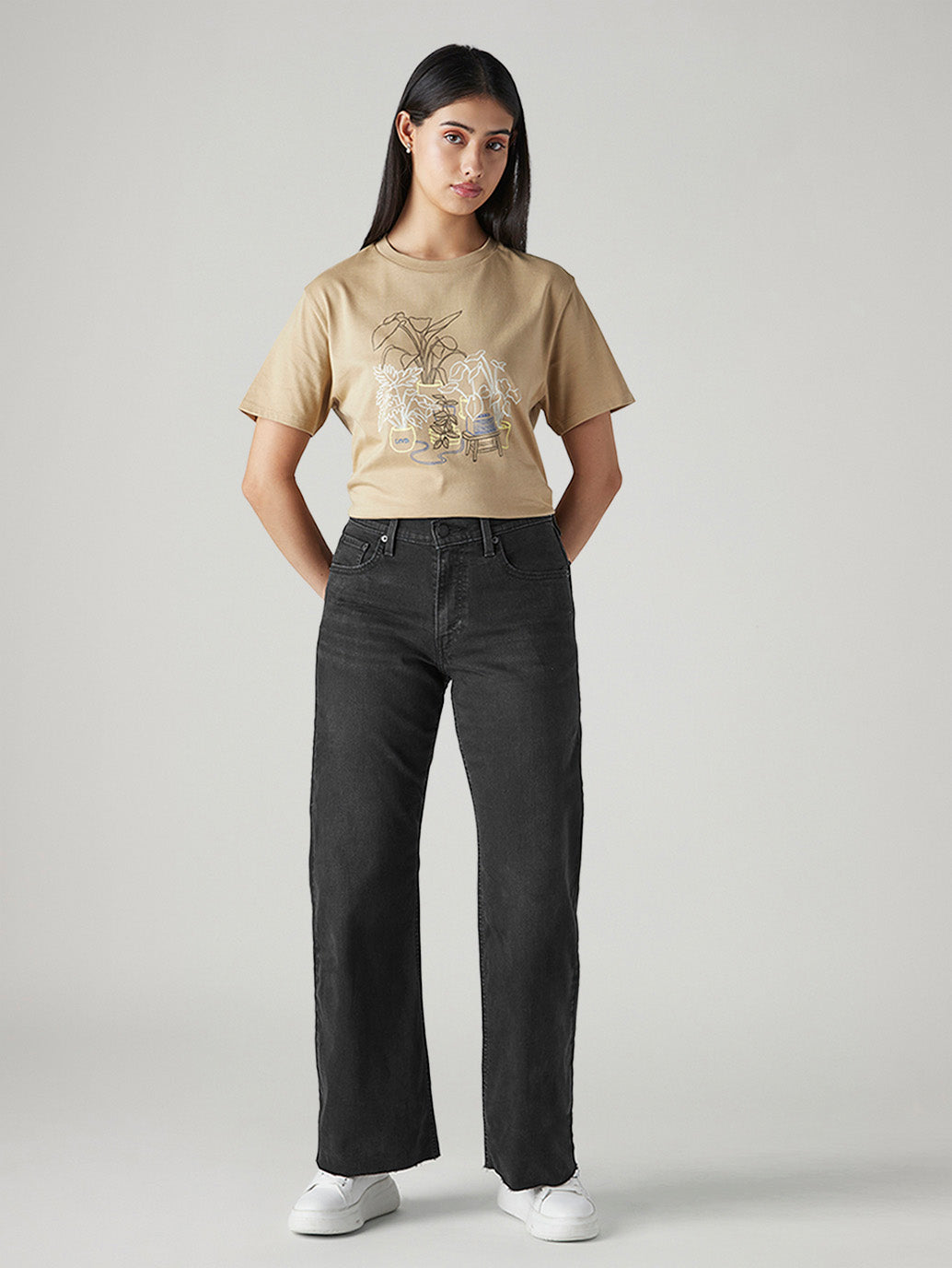 Women's Black Loose Bootcut Fit Mid Rise Jeans - Front View