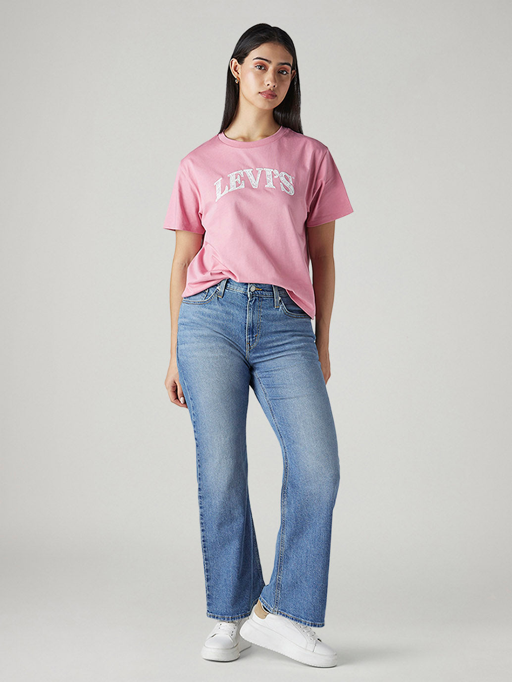 Women's Light Blue Loose Bootcut Fit Mid Rise Jeans - Front View