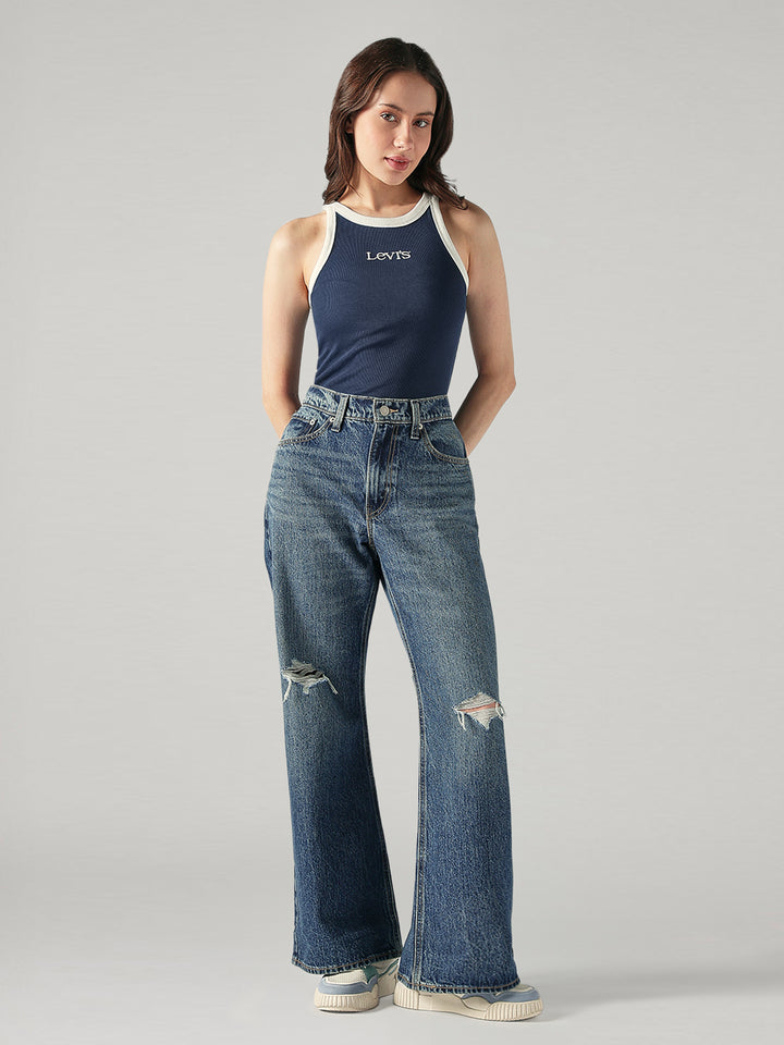 Women's Blue Loose Bootcut Fit Mid Rise Jeans