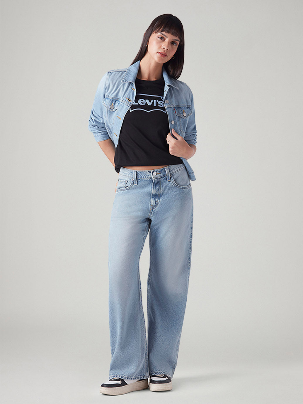 Women's Light Blue Loose Bootcut Fit High Rise Jeans - Styleshot View