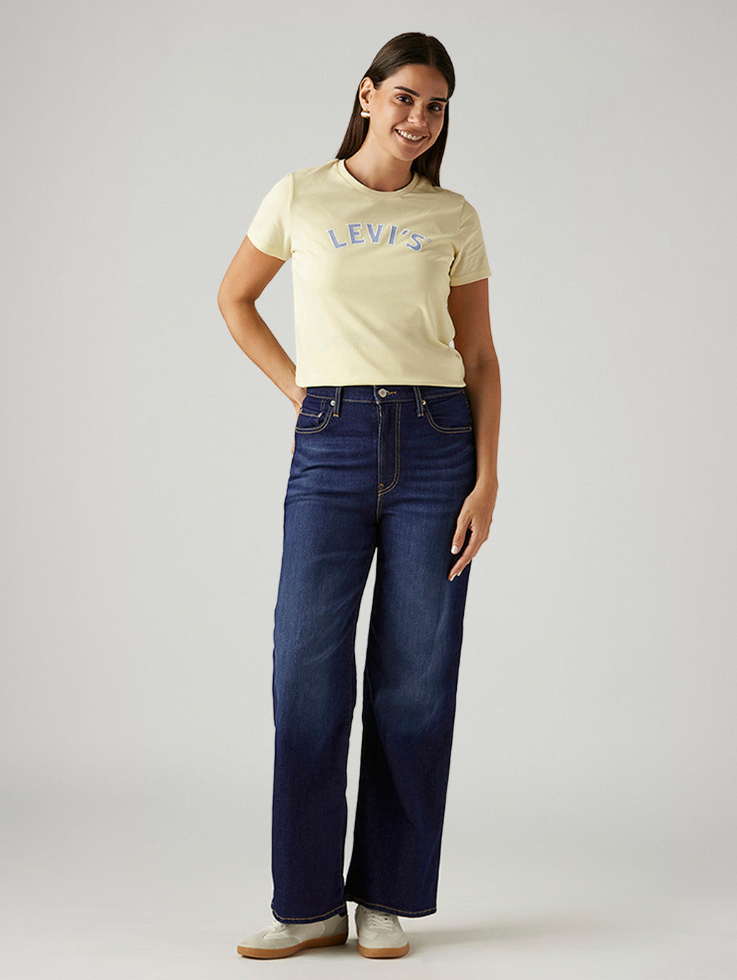 Women's Dark Indigo Ribcage Wide Leg Fit High Rise Jeans - Front View