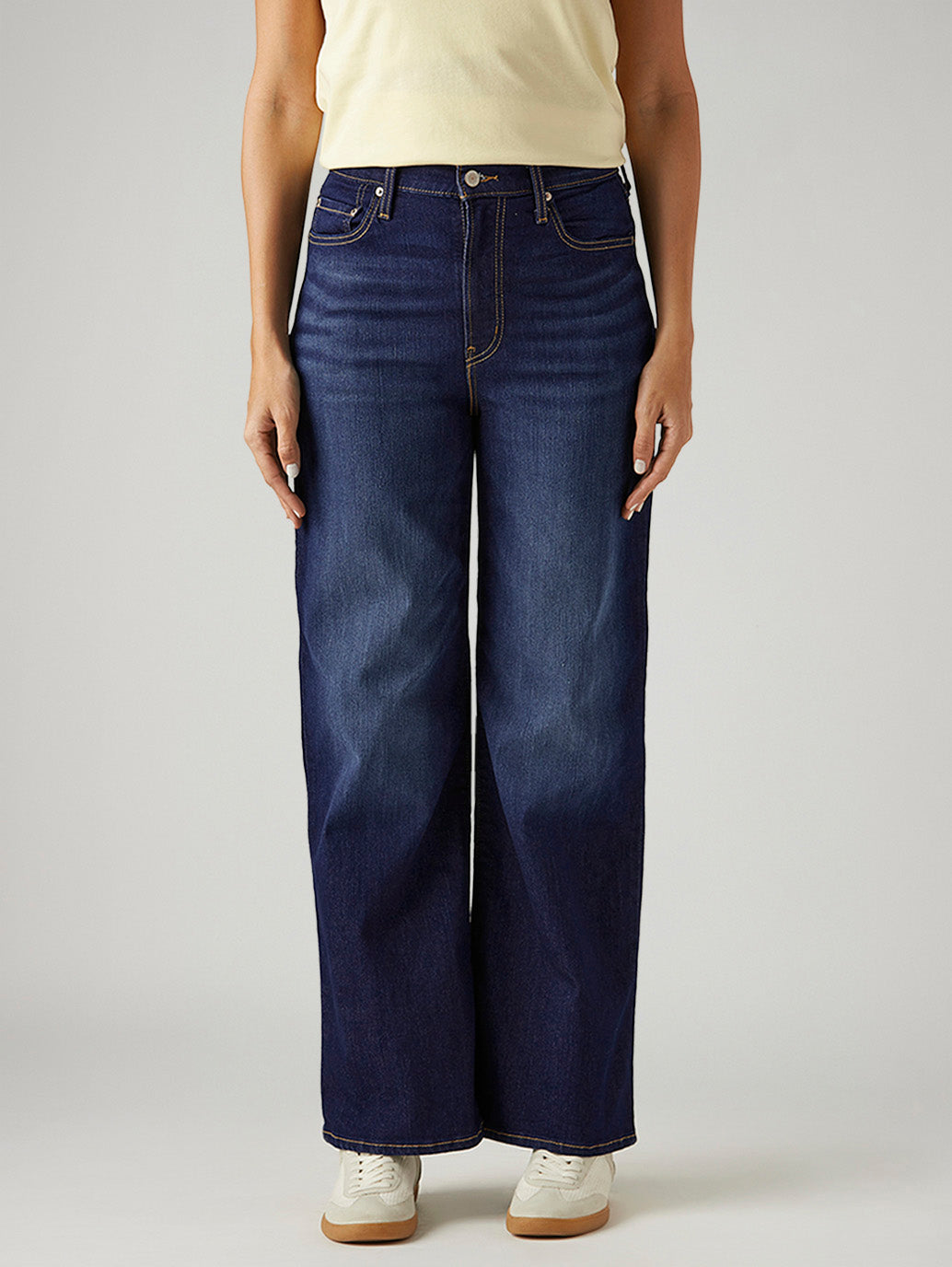 Women's Dark Indigo Ribcage Wide Leg Fit High Rise Jeans - Front View