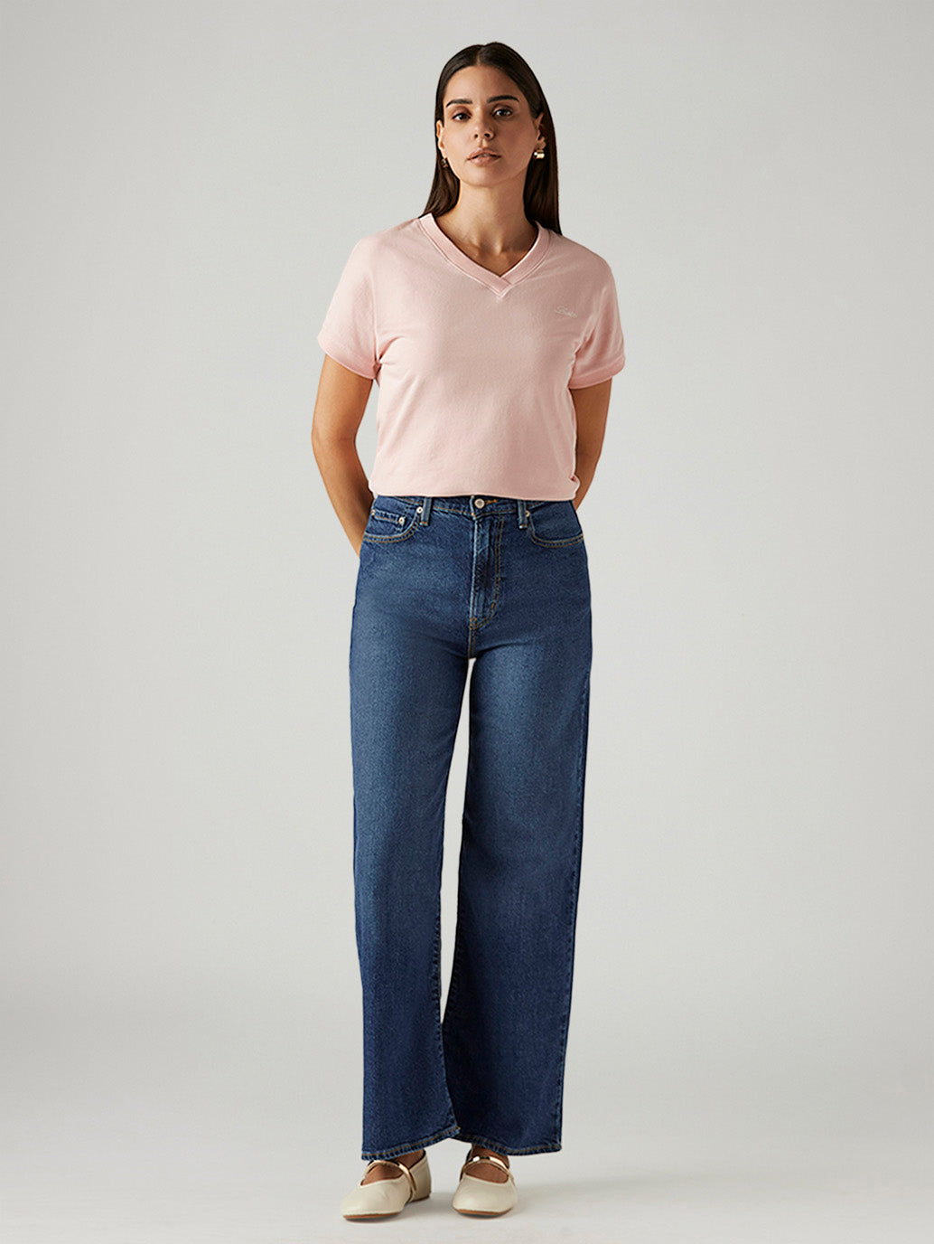 Women's Dark Indigo Ribcage Wide Leg Fit High Rise Jeans - Front View