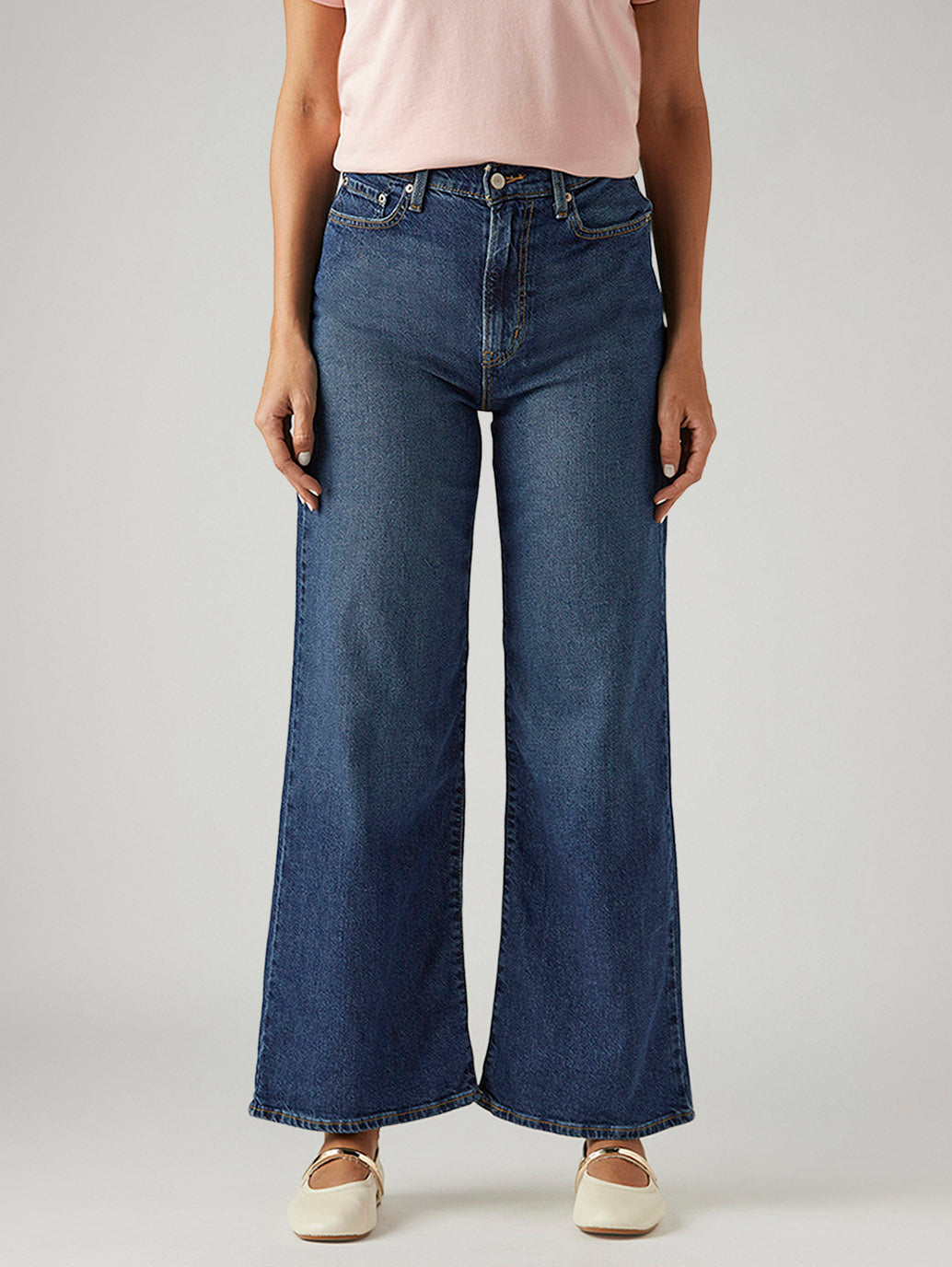 Women's Dark Indigo Ribcage Wide Leg Fit High Rise Jeans - Front View