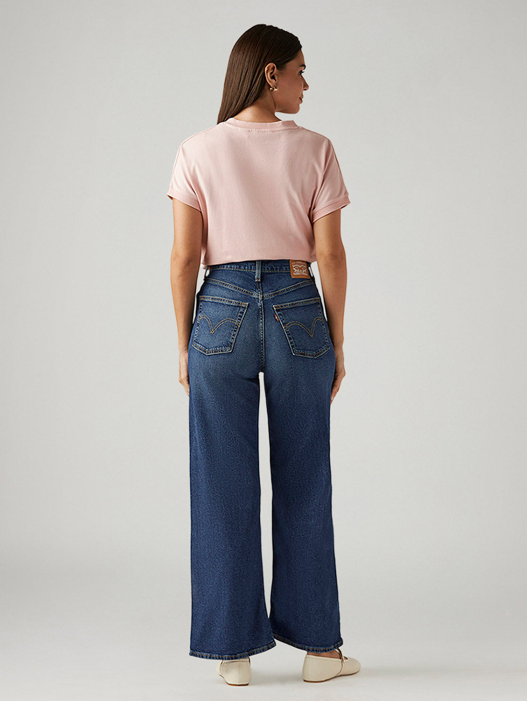 Women's Dark Indigo Ribcage Wide Leg Fit High Rise Jeans - Back View