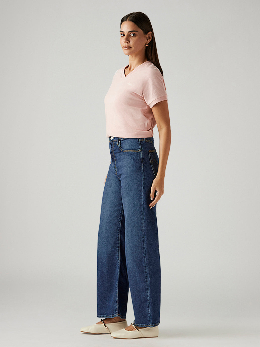 Women's Dark Indigo Ribcage Wide Leg Fit High Rise Jeans - Side View