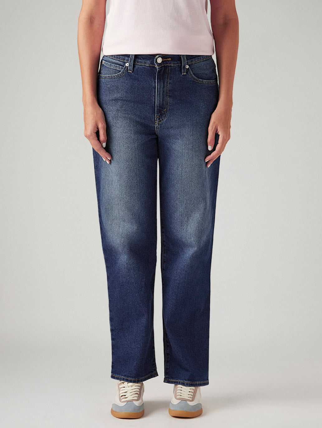Women's Dark Indigo XL Straight Loose Fit Mid Rise Jeans - Front View