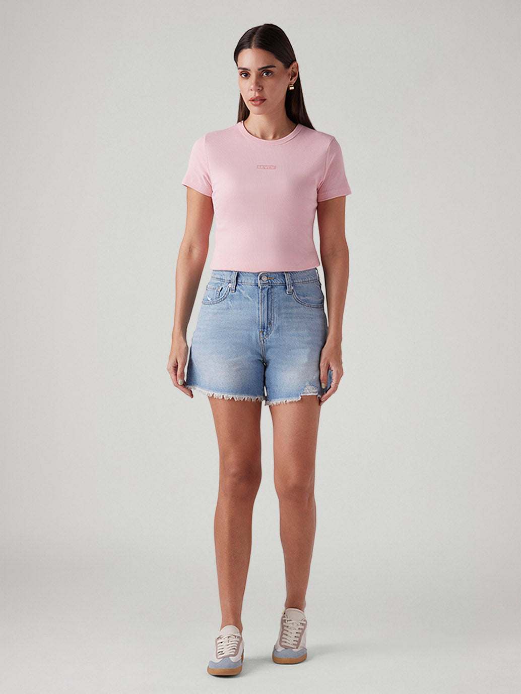 Women's Light Blue Ribcage Fit High Rise Shorts - Front View