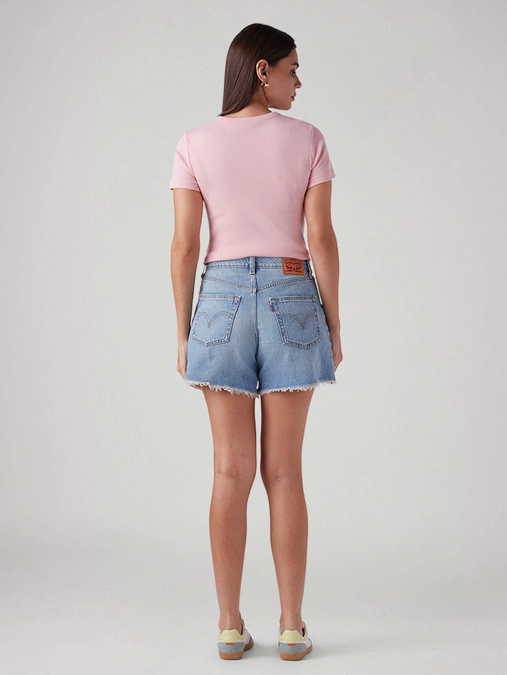 Women's Light Blue Ribcage Fit High Rise Shorts - Back View