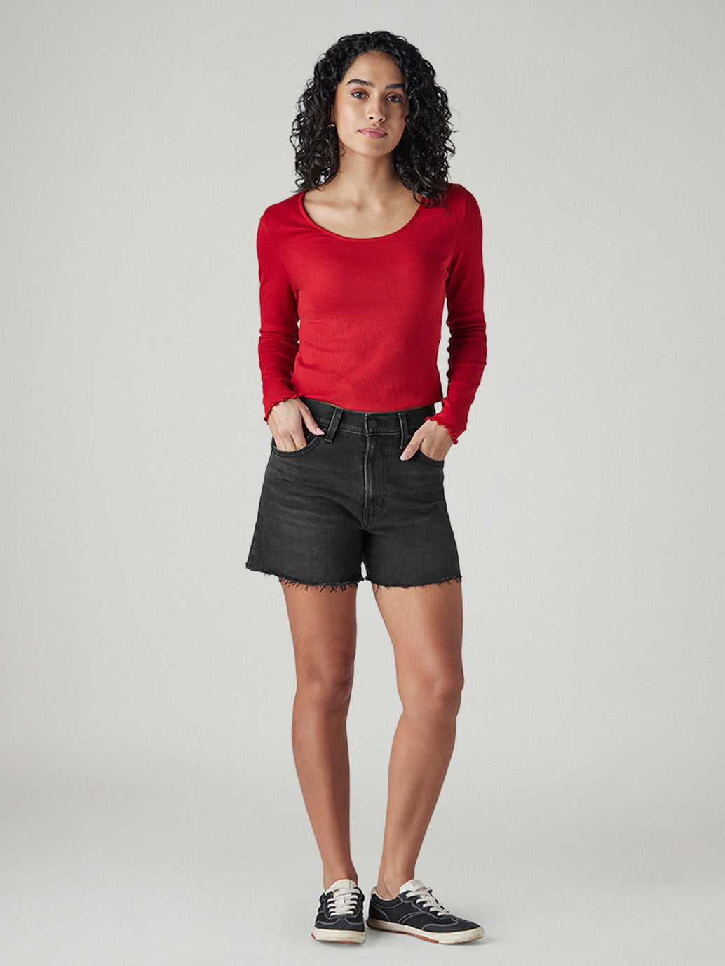 Women's Black Ribcage Fit Mid Rise Shorts - Front View