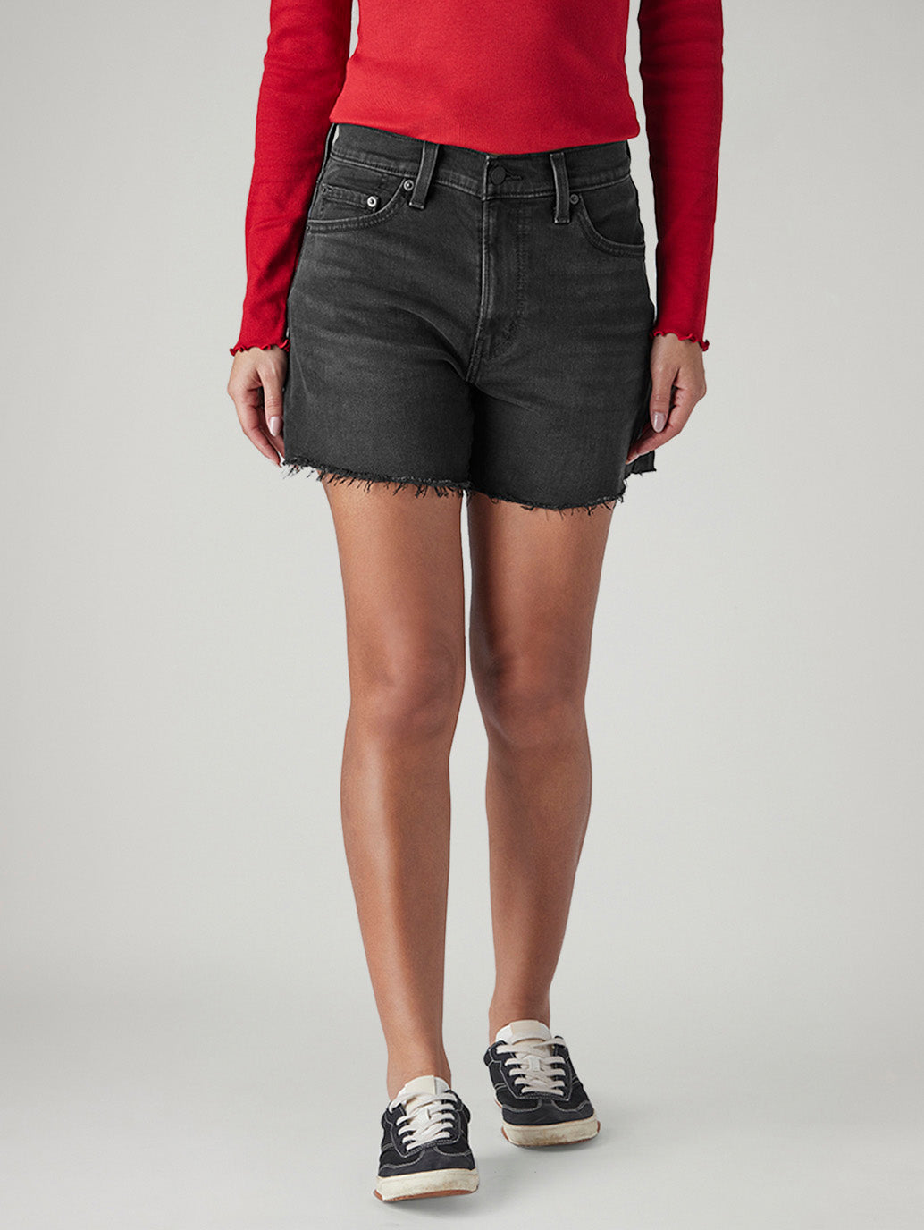 Women's Black Ribcage Fit Mid Rise Shorts - Front View