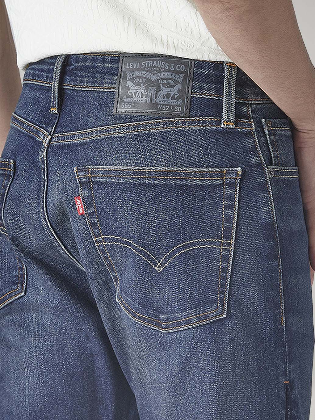 Men's 555 Dark Blue Relaxed Straight Fit Mid Rise Commuter Jeans - Detail View