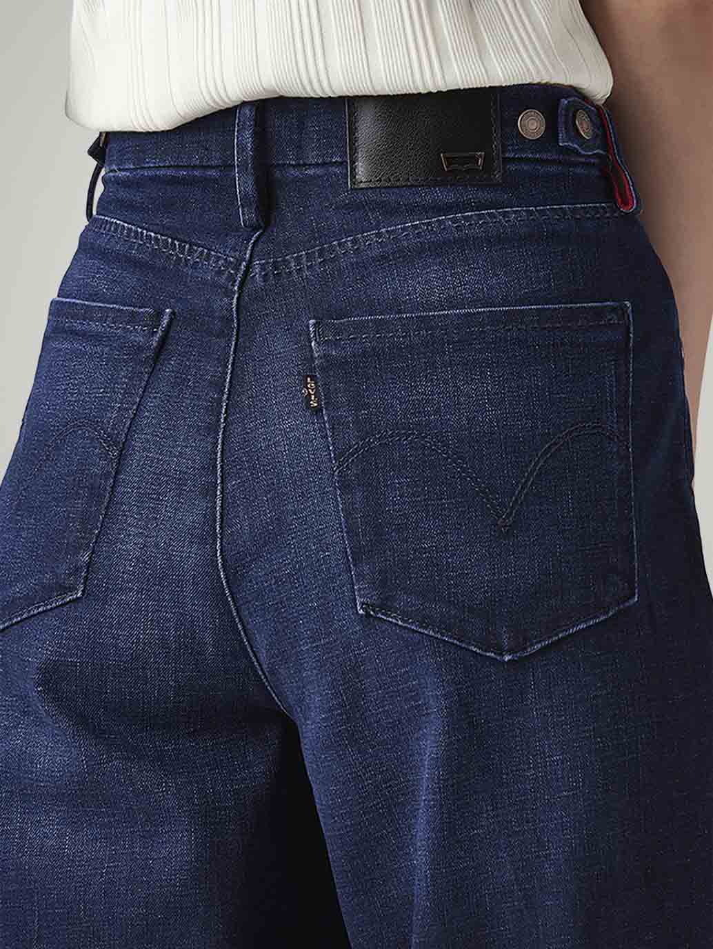 Women's Dark Blue Ribcage Wide Leg Fit High Rise Redloop Jeans - Detail View