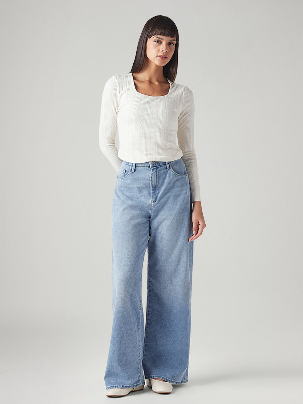 Women's Light Blue Ribcage Wide Leg Fit High Rise Redloop Jeans - Front View