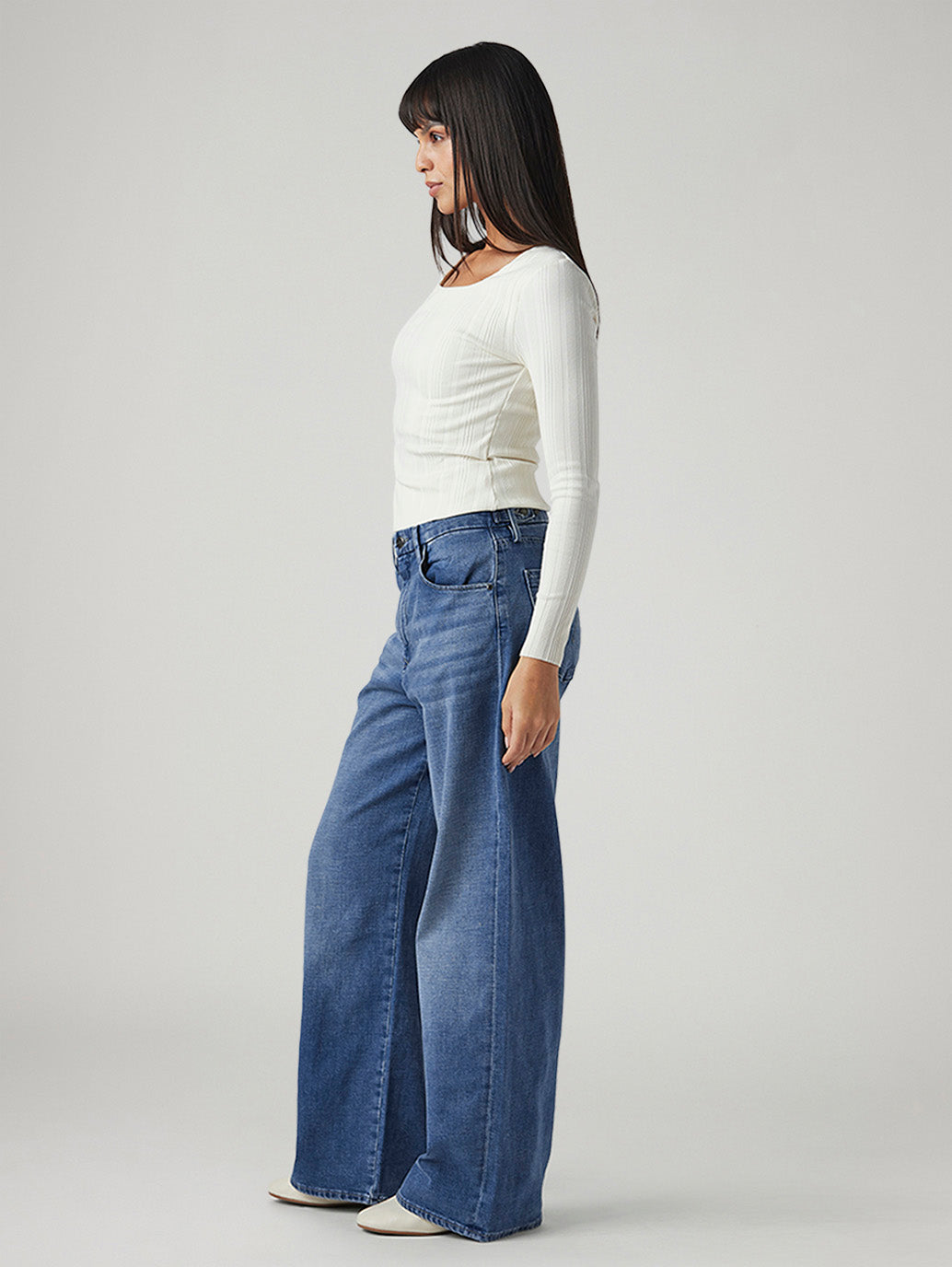 Women's Blue Ribcage Wide Leg Fit High Rise Redloop Jeans - Side View