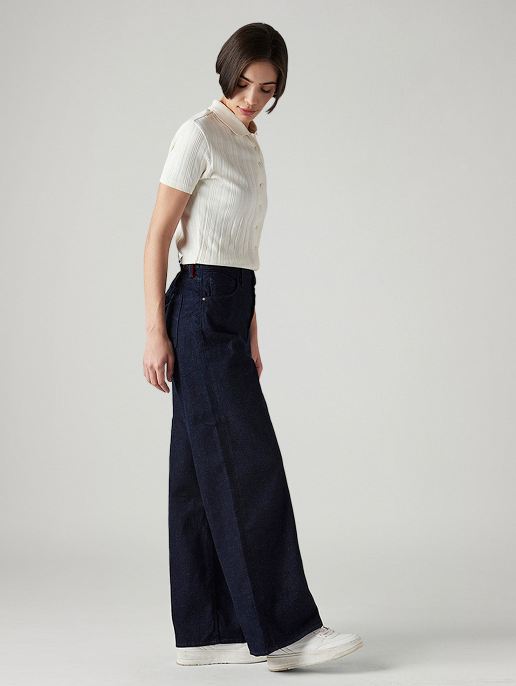 Women's Dark Blue Ribcage Wide Leg Fit High Rise Redloop Jeans - Side View