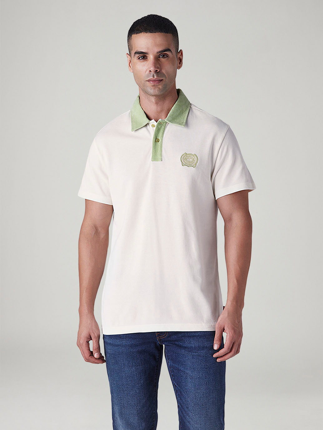 Men's Colorblock Off White Loose Fit Pique Polo T shirt - Front View