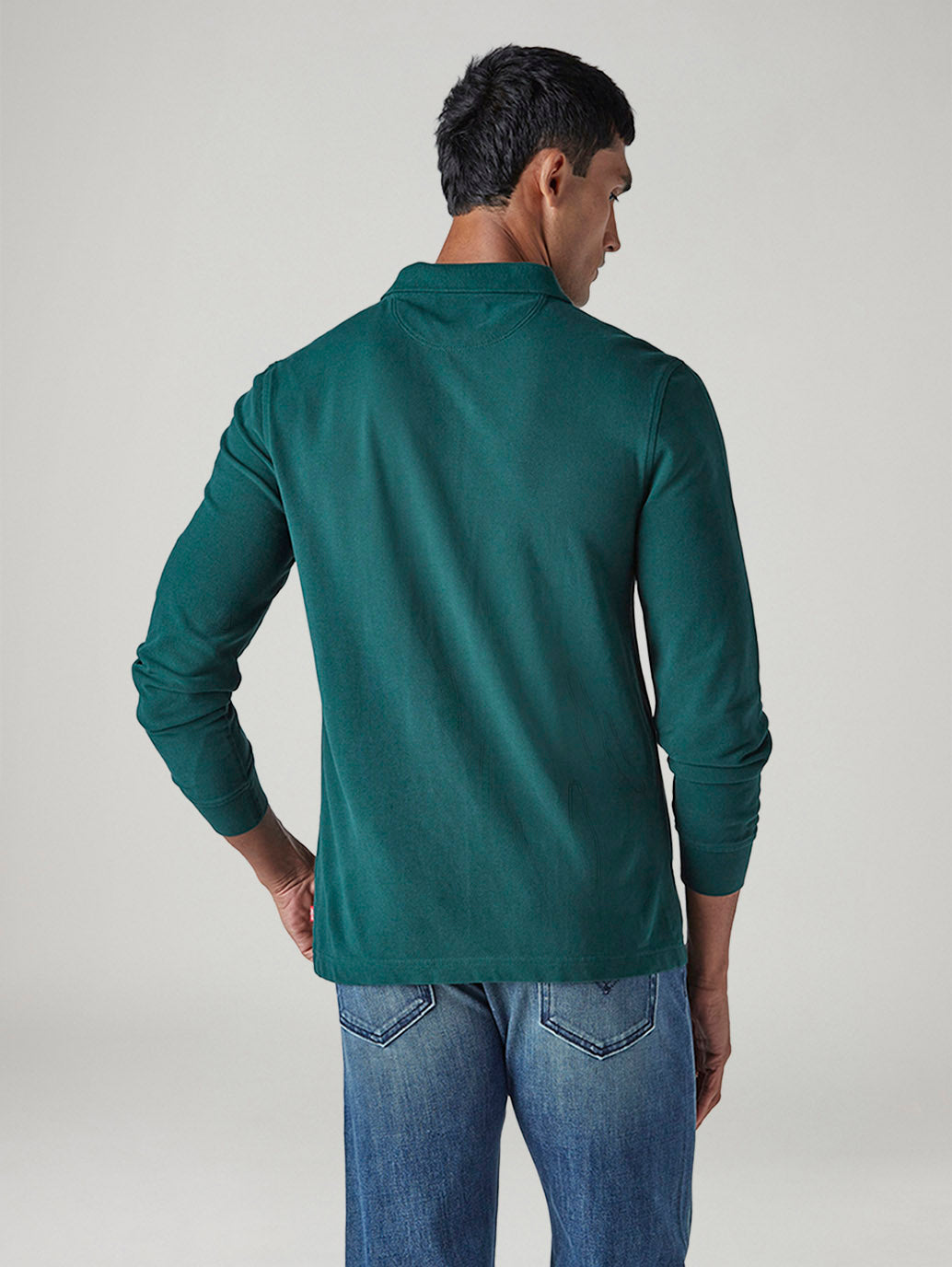 Men's Solid Regular Fit Pique Polo T-Shirt - Back View