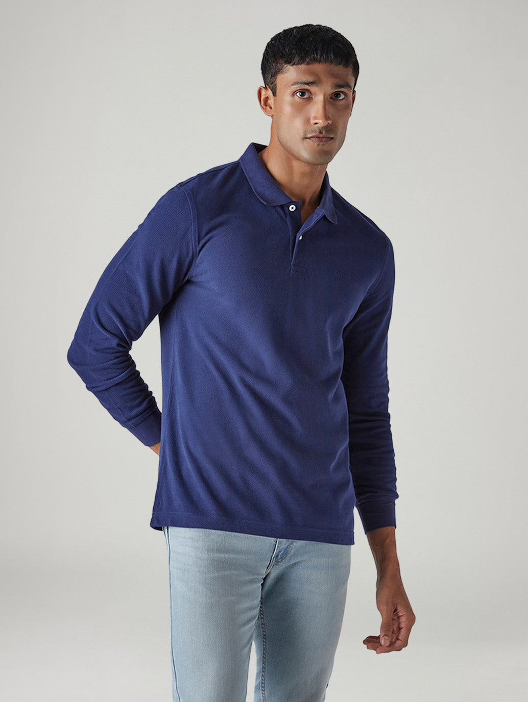 Men's Solid Dark Blue Pique Polo T-shirt - Front View