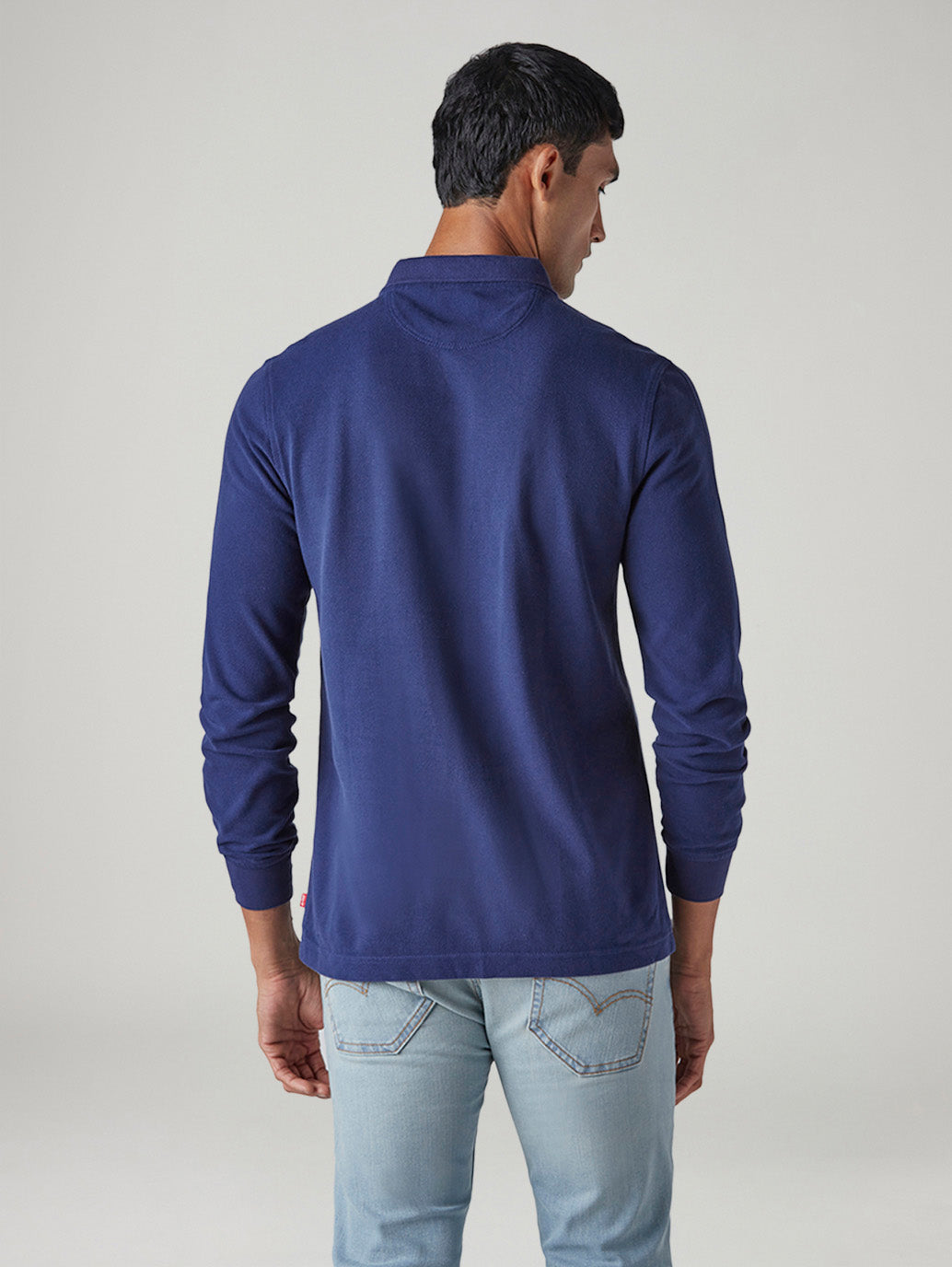 Men's Solid Dark Blue Pique Polo T-shirt - Back View