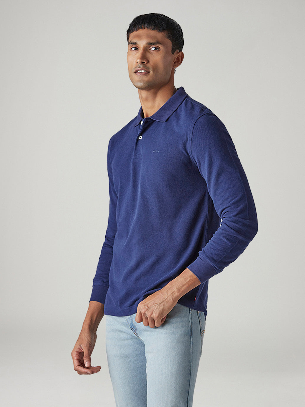 Men's Solid Dark Blue Pique Polo T-shirt - Side View