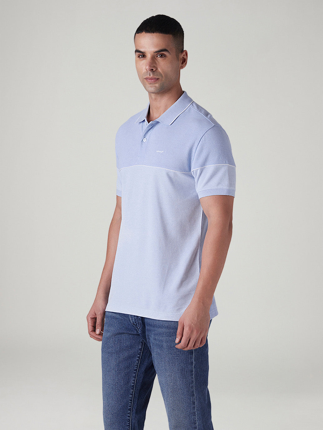 Men's Colorblock Light Blue Pique Polo T-shirt - Side View
